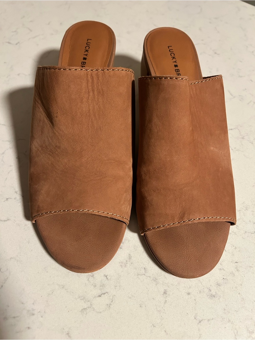 🍀Lucky Brand Nicholia Brown Leather Mules Sandals Chunky Block Heel - Picture 13 of 16